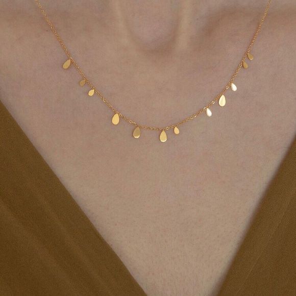 18K Gold Plated Dainty Tassel Necklace with Teardrop Shaped Gold Petals - Picture 1 of 10